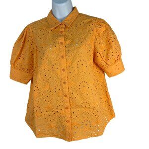 Chicos Womens Size 0 Button-Up Eyelet Shirt Yellow Puff Sleeve Unique Design